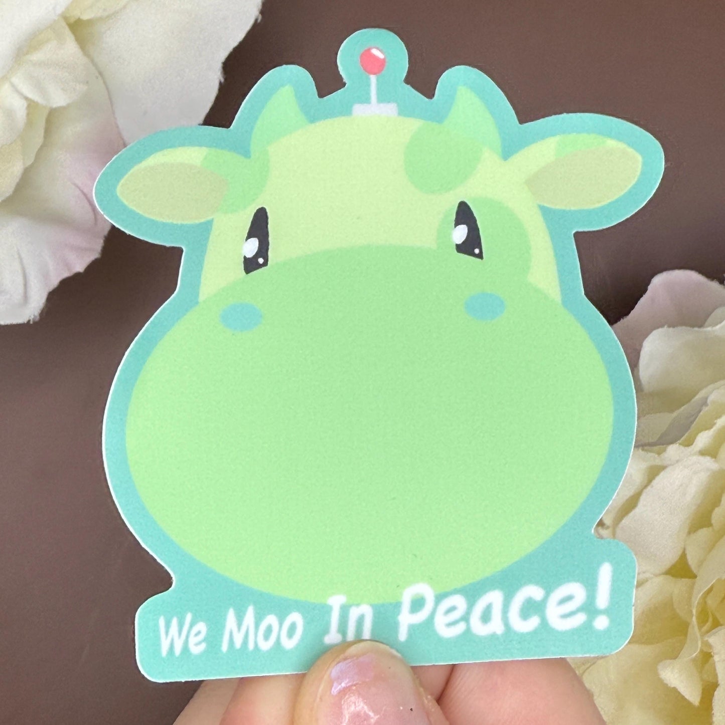 Chibi Green Alien “We Moo in Peace” Vinyl Sticker