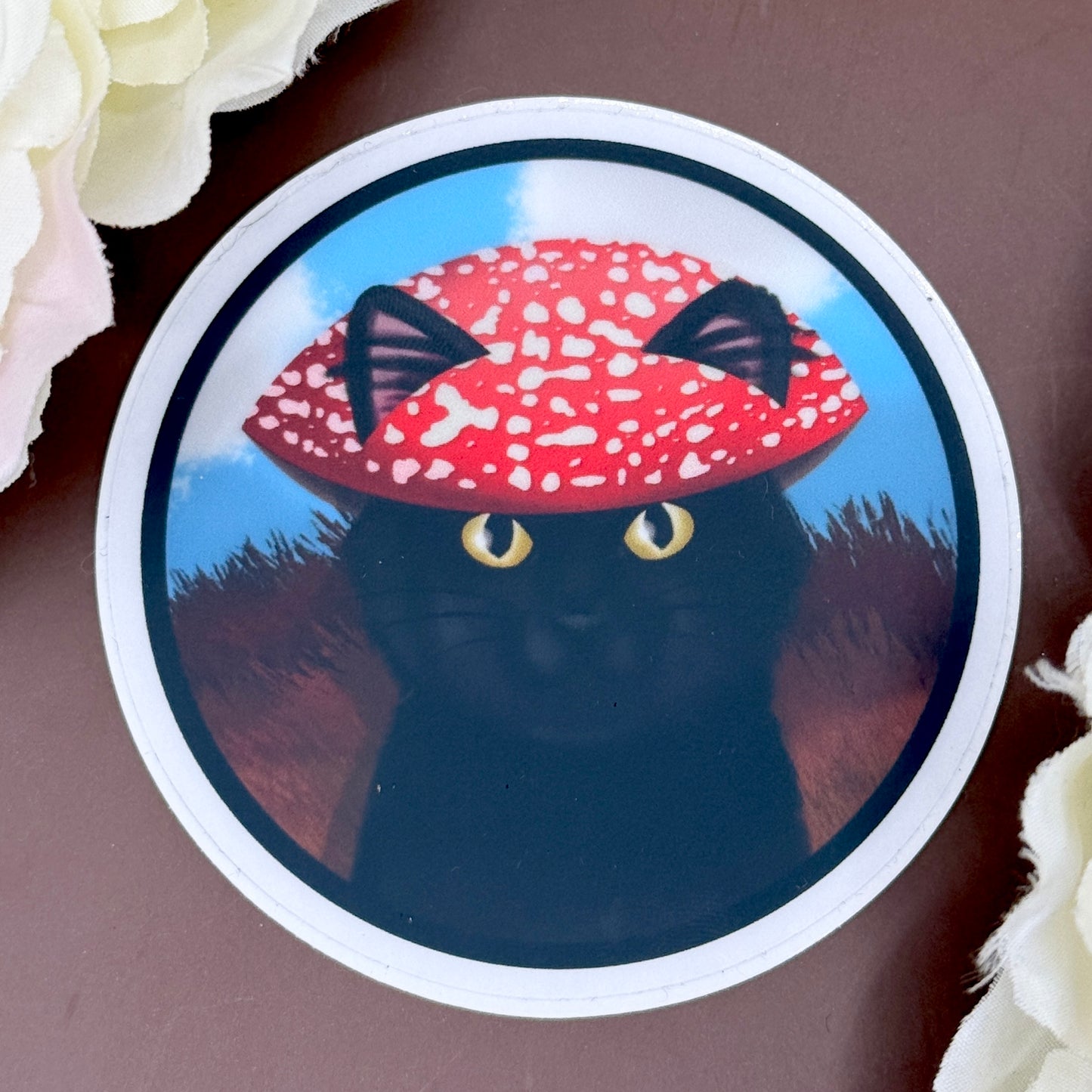 Black Cat with Mushroom Hat Vinyl Sticker