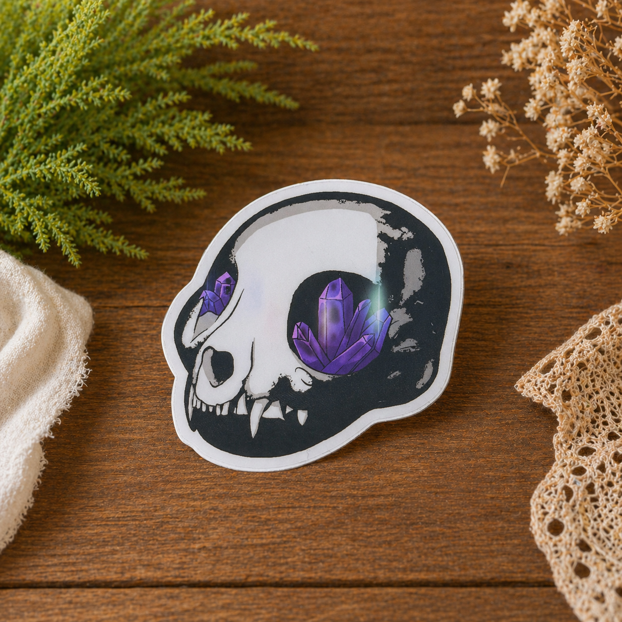 Cat Skull Sticker with Amethyst Crystals | Witchy Waterproof Vinyl Sticker | Gothic Crystal Decal
