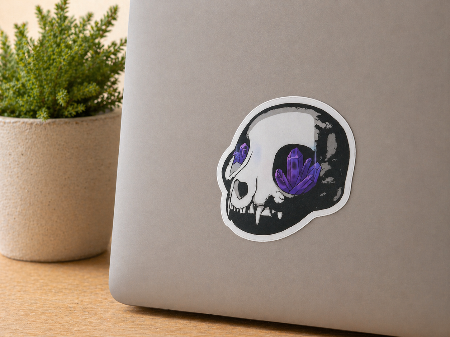 Cat Skull Sticker with Amethyst Crystals | Witchy Waterproof Vinyl Sticker | Gothic Crystal Decal